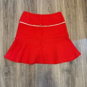 Sandro Red Zipper Cotton Jacquard Flare Ruffle Skirt Size 2